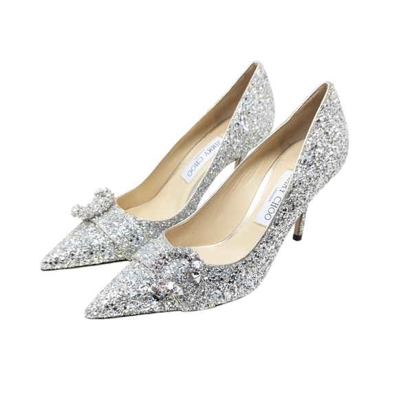 NIB Jimmy Choo Saresa 85 Coarse Glitter Pumps Champagne Silver Size EU 38.5 - Picture 7 of 16